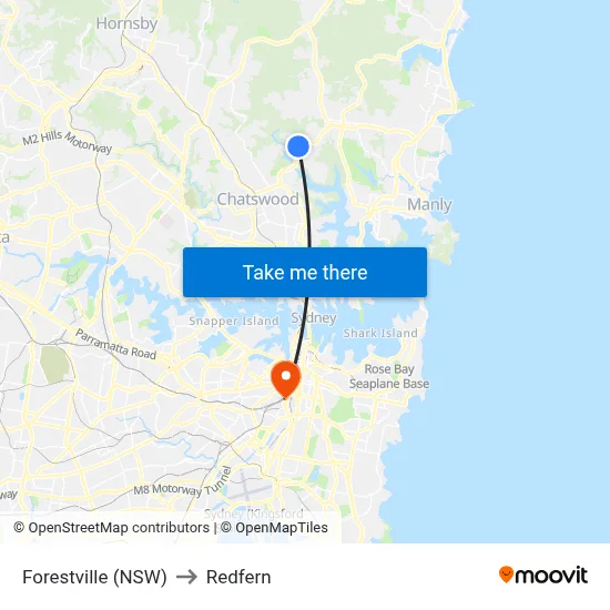 Forestville (NSW) to Redfern map