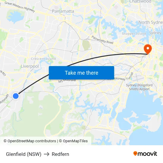 Glenfield (NSW) to Redfern map