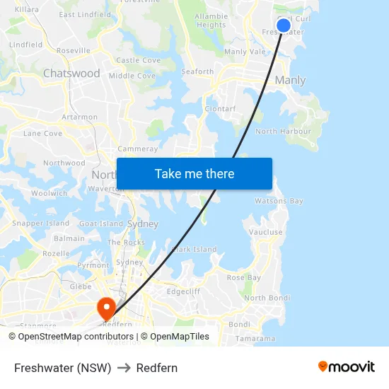 Freshwater (NSW) to Redfern map