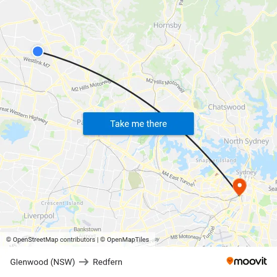 Glenwood (NSW) to Redfern map