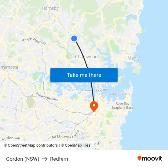 Gordon (NSW) to Redfern map