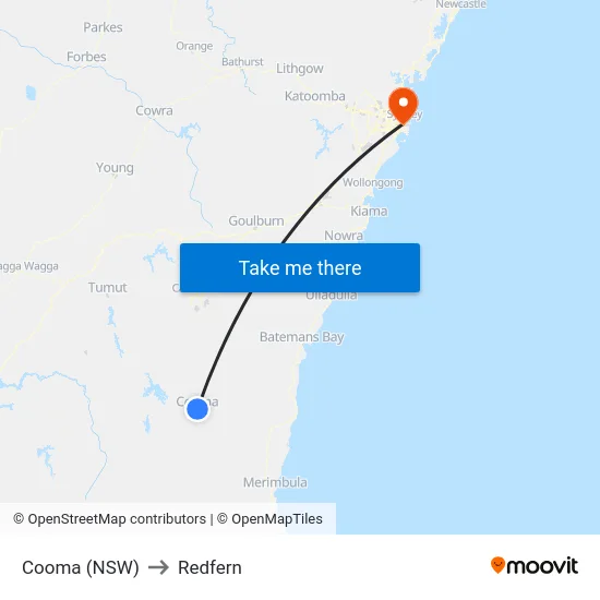 Cooma (NSW) to Redfern map