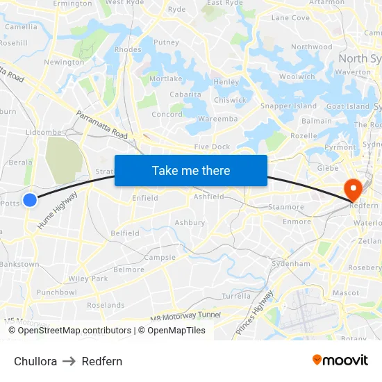 Chullora to Redfern map