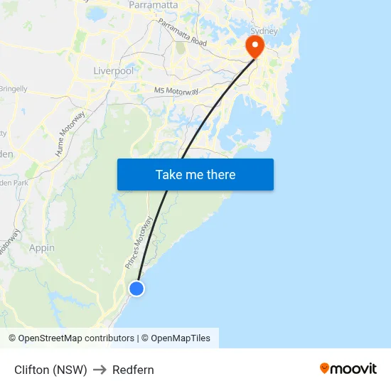 Clifton (NSW) to Redfern map