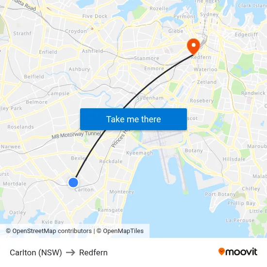 Carlton (NSW) to Redfern map