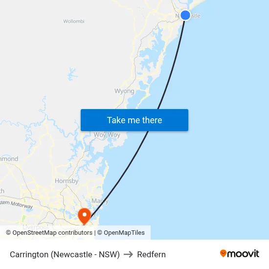 Carrington (Newcastle - NSW) to Redfern map