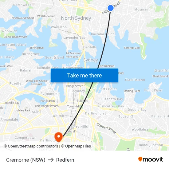 Cremorne (NSW) to Redfern map