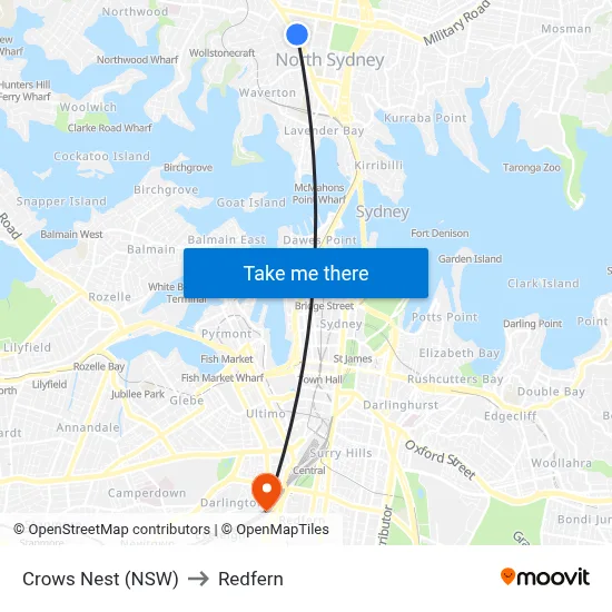 Crows Nest (NSW) to Redfern map