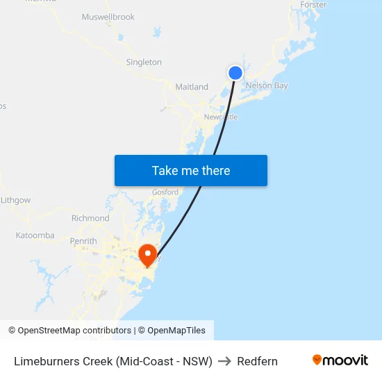 Limeburners Creek (Mid-Coast - NSW) to Redfern map