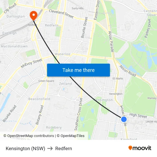 Kensington (NSW) to Redfern map