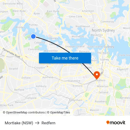 Mortlake (NSW) to Redfern map