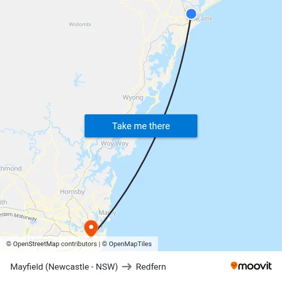 Mayfield (Newcastle - NSW) to Redfern map