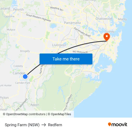 Spring Farm (NSW) to Redfern map