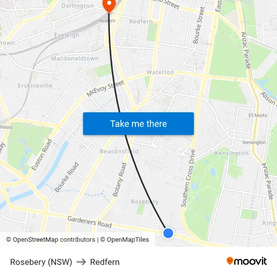 Rosebery (NSW) to Redfern map