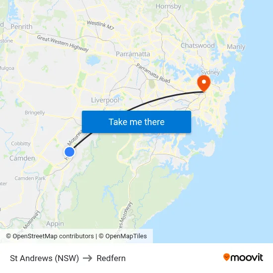 St Andrews (NSW) to Redfern map