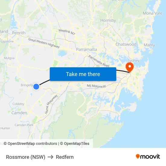 Rossmore (NSW) to Redfern map