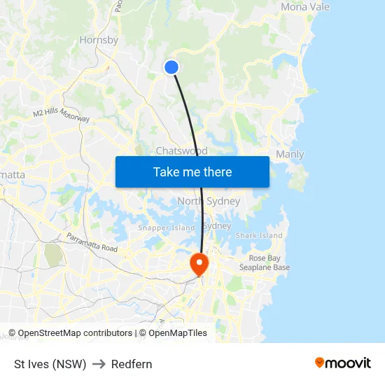 St Ives (NSW) to Redfern map