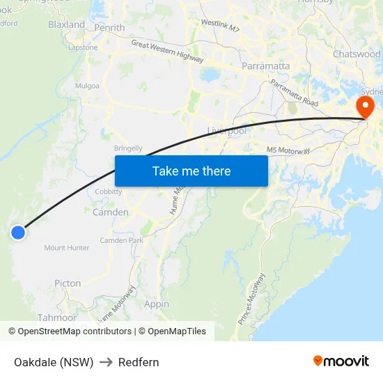 Oakdale (NSW) to Redfern map