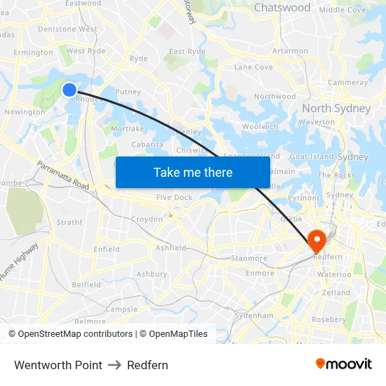 Wentworth Point to Redfern map