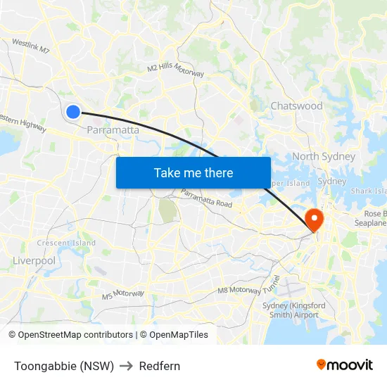 Toongabbie (NSW) to Redfern map