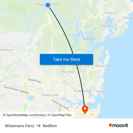 Wisemans Ferry to Redfern map