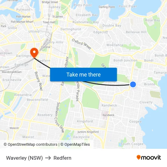 Waverley (NSW) to Redfern map