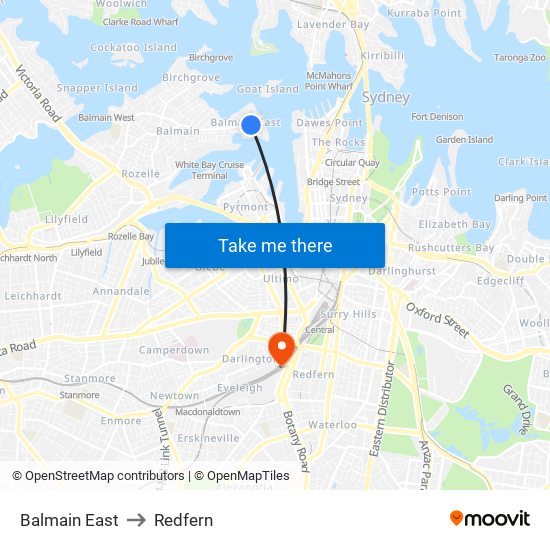 Balmain East to Redfern map