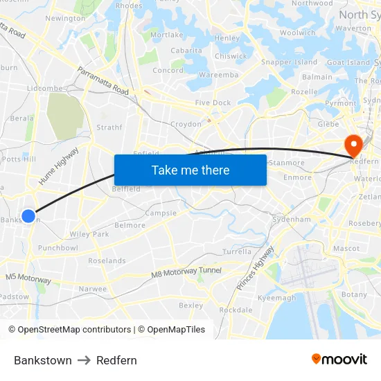 Bankstown to Redfern map