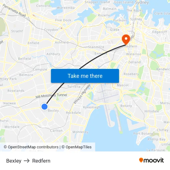 Bexley to Redfern map