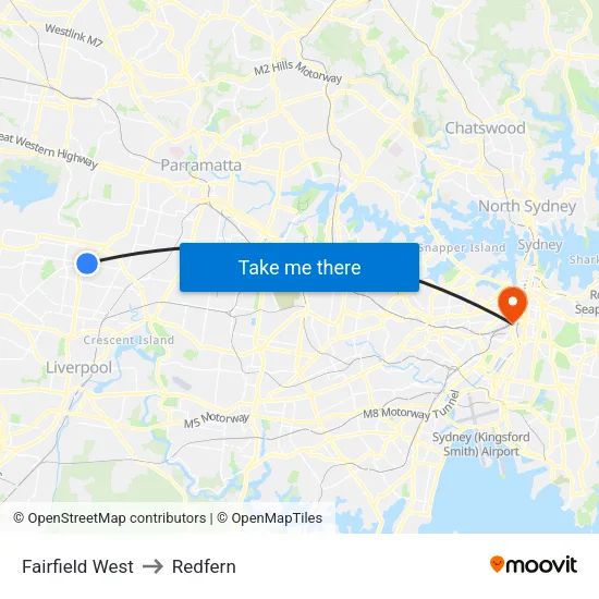 Fairfield West to Redfern map