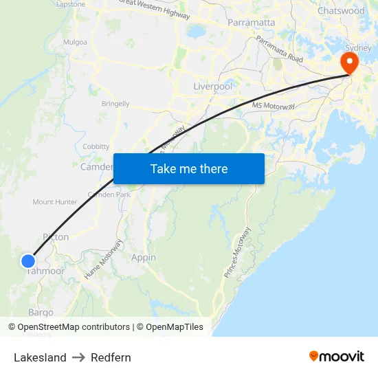 Lakesland to Redfern map