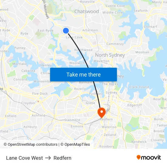 Lane Cove West to Redfern map