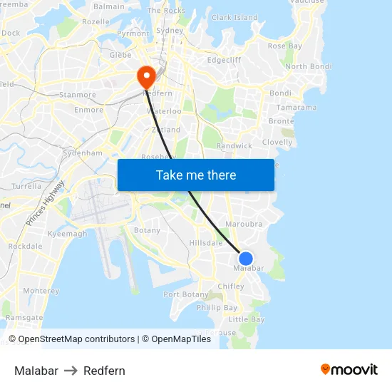 Malabar to Redfern map