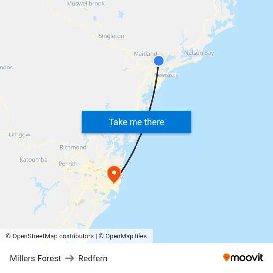 Millers Forest to Redfern map