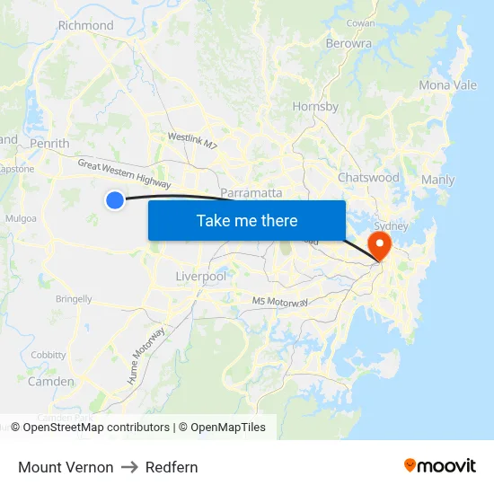 Mount Vernon to Redfern map