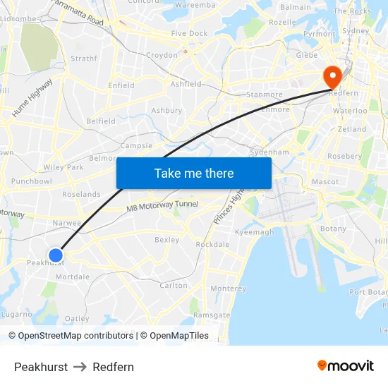 Peakhurst to Redfern map
