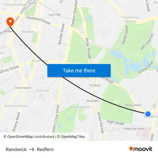 Randwick to Redfern map