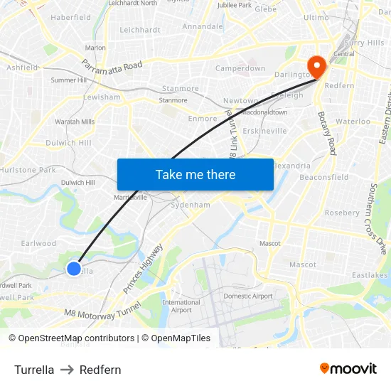 Turrella to Redfern map