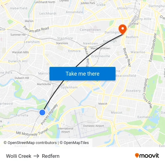 Wolli Creek to Redfern map