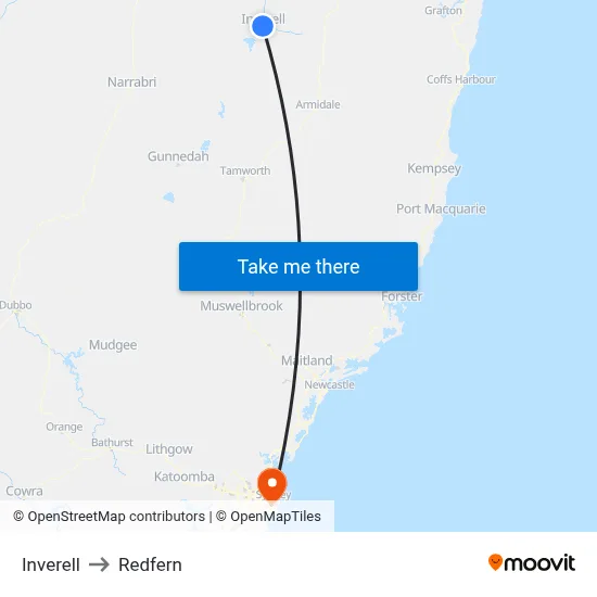 Inverell to Redfern map