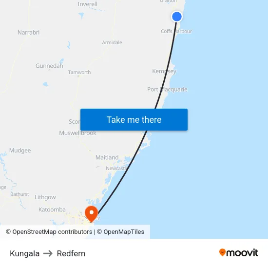 Kungala to Redfern map