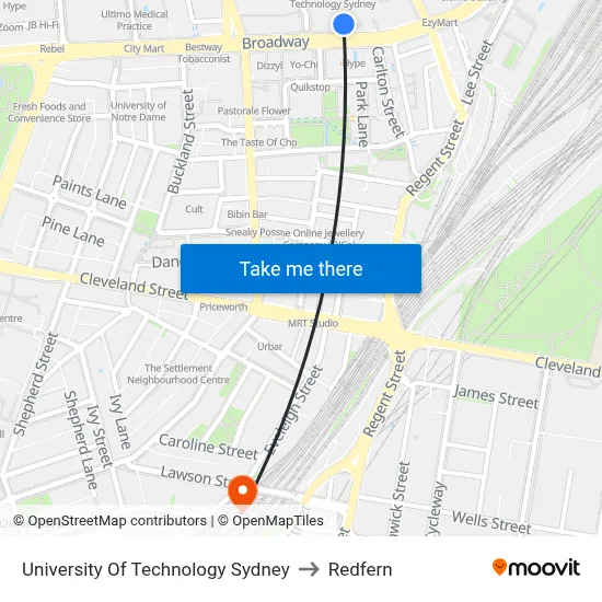 University Of Technology Sydney to Redfern map