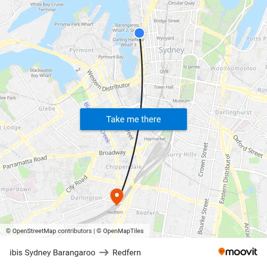 ibis Sydney Barangaroo to Redfern map