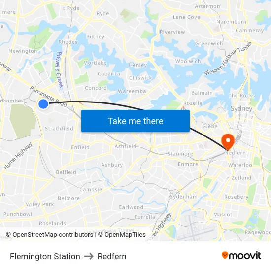 Flemington Station to Redfern map