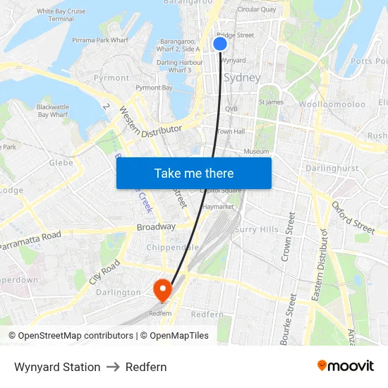 Wynyard Station to Redfern map