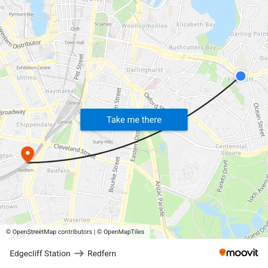 Edgecliff Station to Redfern map