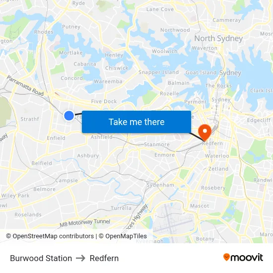 Burwood Station to Redfern map
