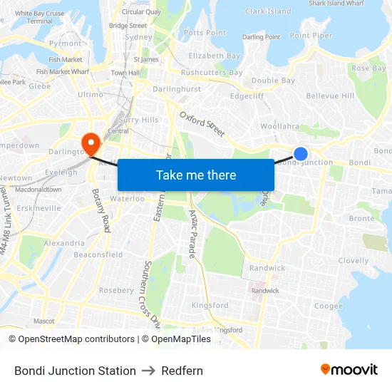 Bondi Junction Station to Redfern map