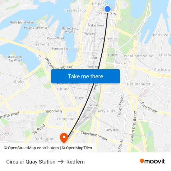 Circular Quay Station to Redfern map
