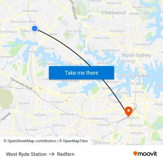 West Ryde Station to Redfern map